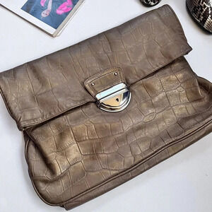 Vintage Y2K Cynthia Rowley Embossed Bronze Leather Fold Over Buckle Clutch